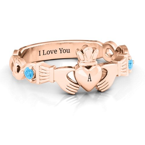 Infinity Claddagh With Side Stones Ring – 10K Rose Gold with Blue Topaz