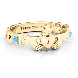 Infinity Claddagh With Side Stones Ring in 18K Gold Plated Silver with Blue Topaz