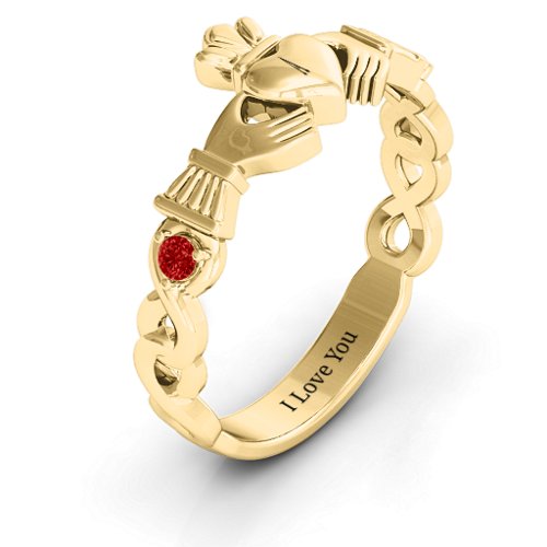 Infinity Claddagh With Side Stones Ring – 18K Gold Plated Silver with Garnet