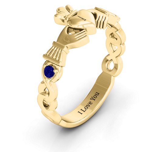 Infinity Claddagh With Side Stones Ring – 18K Gold Plated Silver with Blue Sapphire