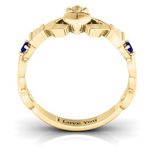 Infinity Claddagh With Side Stones Ring – 18K Gold Plated Silver with Blue Sapphire