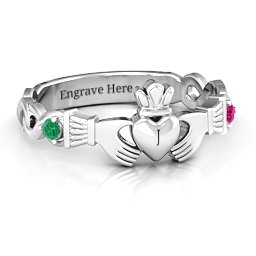 Infinity Claddagh With Side Stones Ring in 925 Sterling Silver with Emerald and Ruby