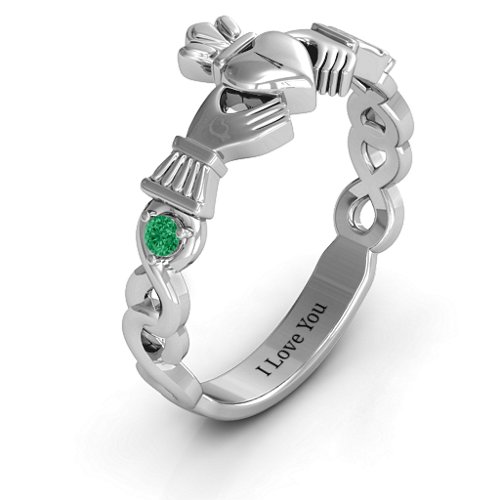 Infinity Claddagh With Side Stones Ring – Sterling Silver with Emerald and Ruby