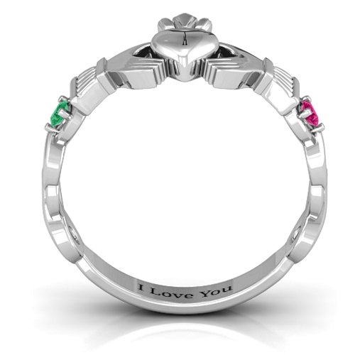 Infinity Claddagh With Side Stones Ring – Sterling Silver with Emerald and Ruby