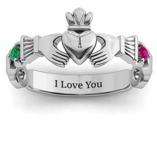 Infinity Claddagh With Side Stones Ring – Sterling Silver with Emerald and Ruby