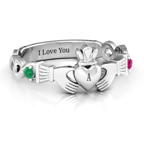 Infinity Claddagh With Side Stones Ring – Sterling Silver with Emerald and Ruby