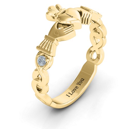 Infinity Claddagh With Side Stones Ring – 10K Yellow Gold with Cubic Zirconia