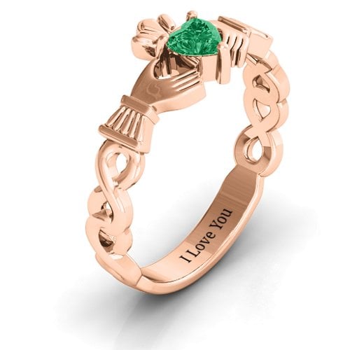 Infinity Claddagh with Heart Stone Ring – 10K Rose Gold with Emerald