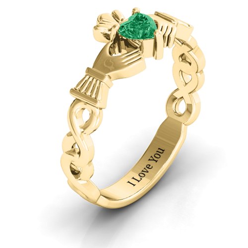 Infinity Claddagh with Heart Stone Ring – 10K Yellow Gold with Emerald