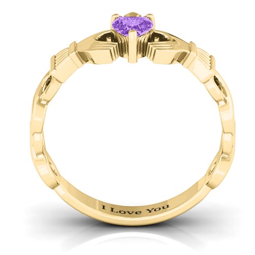 Infinity Claddagh with Heart Stone Ring – 18K Gold Plated Silver with Amethyst