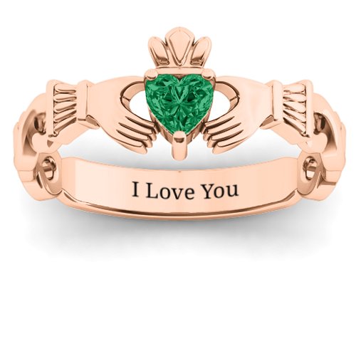 Infinity Claddagh with Heart Stone Ring – 10K Rose Gold with Emerald