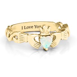Infinity Claddagh with Heart Stone Ring in 18K Gold Plated Silver with Opal