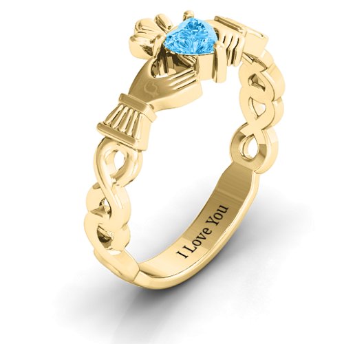 Infinity Claddagh with Heart Stone Ring – 18K Gold Plated Silver with Blue Topaz