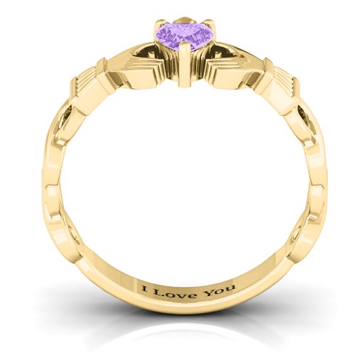 Infinity Claddagh with Heart Stone Ring – 18K Gold Plated Silver with Amethyst