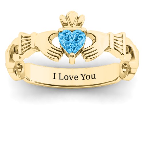 Infinity Claddagh with Heart Stone Ring – 18K Gold Plated Silver with Blue Topaz