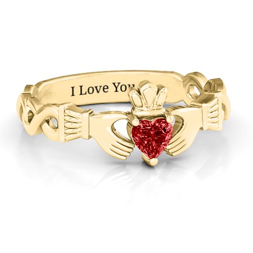 Infinity Claddagh with Heart Stone Ring – 18K Gold Plated Silver with Garnet