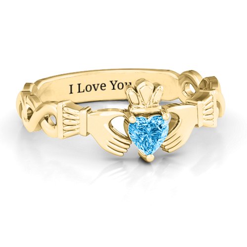 Infinity Claddagh with Heart Stone Ring – 18K Gold Plated Silver with Blue Topaz
