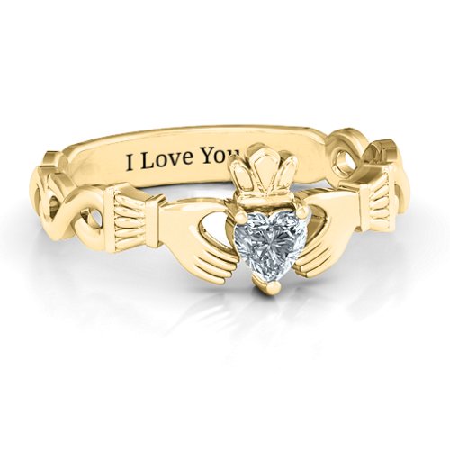 Infinity Claddagh with Heart Stone Ring – 10K Yellow Gold with Diamond