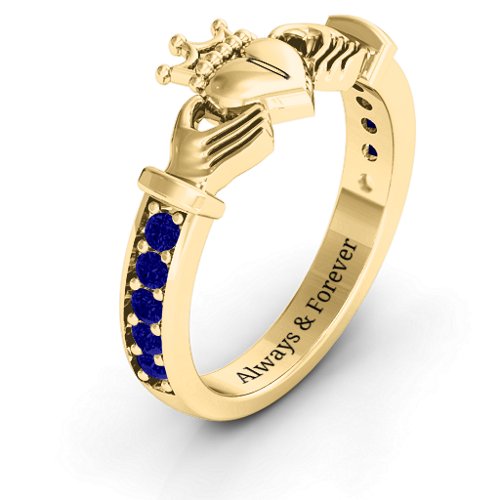 Classic Claddagh Ring with Accents – 18K Gold Plated Silver with Blue Sapphire