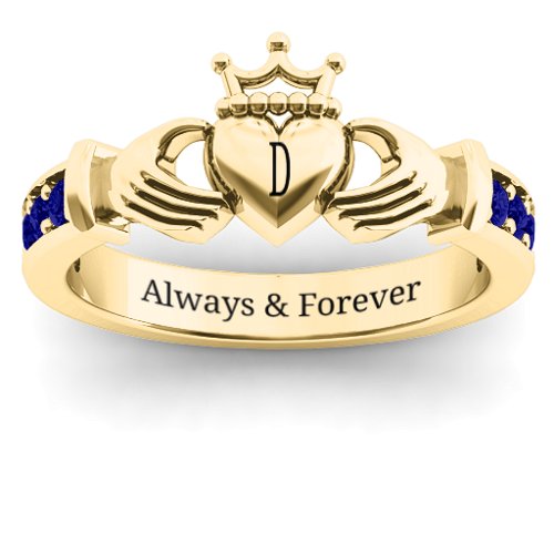 Classic Claddagh Ring with Accents – 18K Gold Plated Silver with Blue Sapphire
