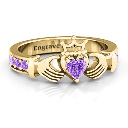 Classic Claddagh Heart Cut Ring with Accents in 18K Gold Plated Silver with Amethyst