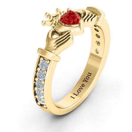 Classic Claddagh Heart Cut Ring with Accents – 18K Gold Plated Silver with Garnet and Cubic Zirconia