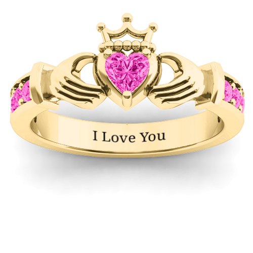 Classic Claddagh Heart Cut Ring with Accents – 18K Gold Plated Silver with Pink Tourmaline