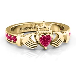 Classic Claddagh Heart Cut Ring with Accents in 18K Gold Plated Silver with Ruby