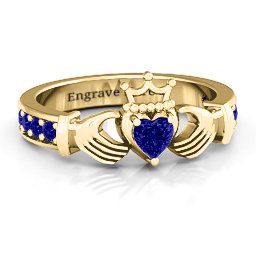 Classic Claddagh Heart Cut Ring with Accents in 18K Gold Plated Silver with Blue Sapphire