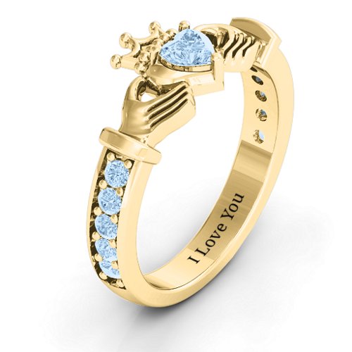 Classic Claddagh Heart Cut Ring with Accents – 18K Gold Plated Silver with Aquamarine