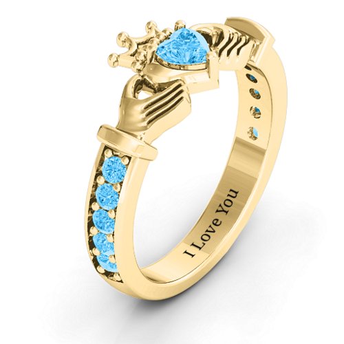Classic Claddagh Heart Cut Ring with Accents – 18K Gold Plated Silver with Blue Topaz
