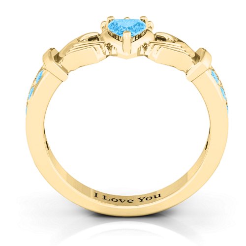 Classic Claddagh Heart Cut Ring with Accents – 18K Gold Plated Silver with Blue Topaz