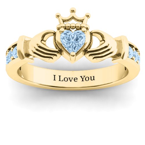 Classic Claddagh Heart Cut Ring with Accents – 18K Gold Plated Silver with Aquamarine