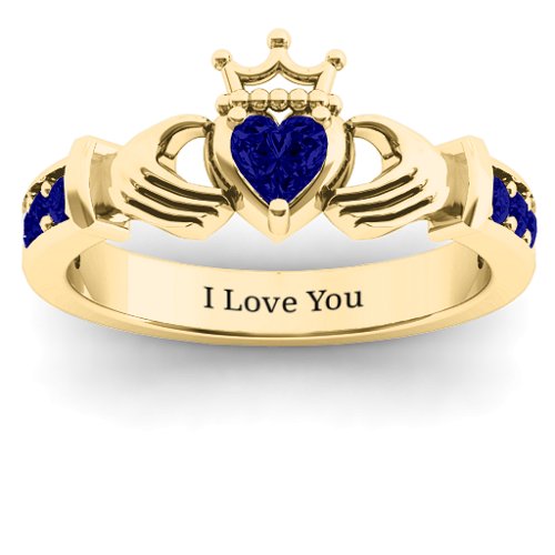 Classic Claddagh Heart Cut Ring with Accents – 18K Gold Plated Silver with Blue Sapphire