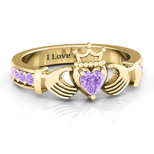 Classic Claddagh Heart Cut Ring with Accents – 18K Gold Plated Silver with Amethyst