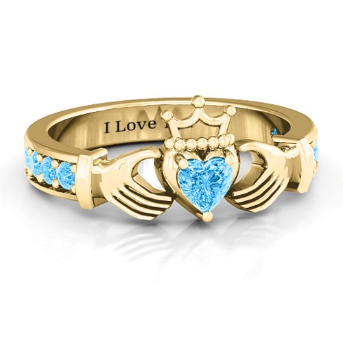 Classic Claddagh Heart Cut Ring with Accents – 18K Gold Plated Silver with Blue Topaz