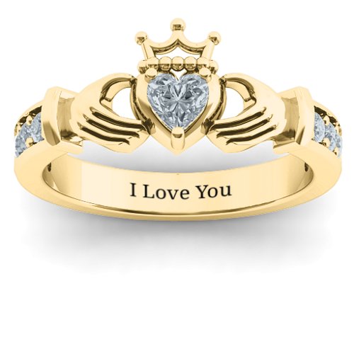 Classic Claddagh Heart Cut Ring with Accents – 10K Yellow Gold with Diamond