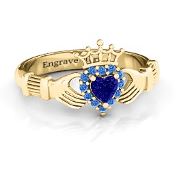 Claddagh with Halo Ring in 18K Gold Plated Silver with Blue Sapphire and Fancy Blue Premium Zirconia