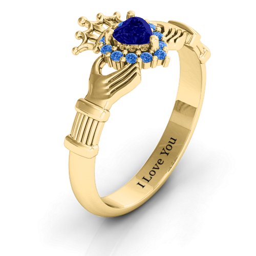 Claddagh with Halo Ring – 18K Gold Plated Silver with Blue Sapphire and Fancy Blue Premium Zirconia