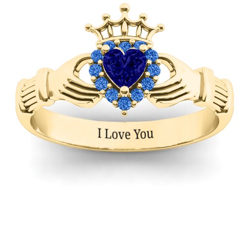 Claddagh with Halo Ring – 18K Gold Plated Silver with Blue Sapphire and Fancy Blue Premium Zirconia