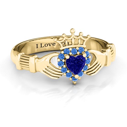 Claddagh with Halo Ring – 18K Gold Plated Silver with Blue Sapphire and Fancy Blue Premium Zirconia