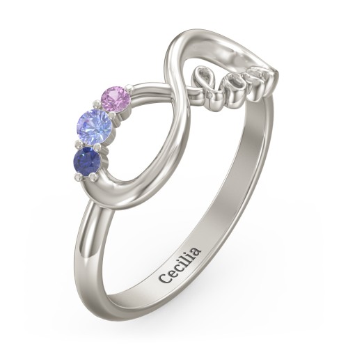 Birthstone Infinity Love Ring – 10K White Gold with Tanzanite, Blue Sapphire, and Amethyst