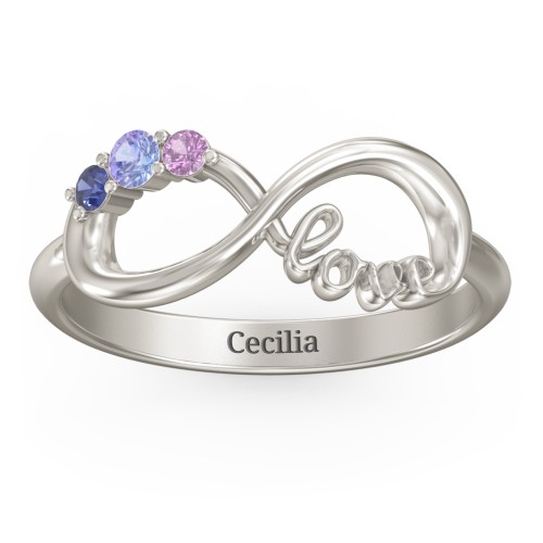 Birthstone Infinity Love Ring – 10K White Gold with Tanzanite, Blue Sapphire, and Amethyst