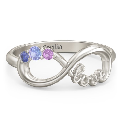 Birthstone Infinity Love Ring – 10K White Gold with Tanzanite, Blue Sapphire, and Amethyst