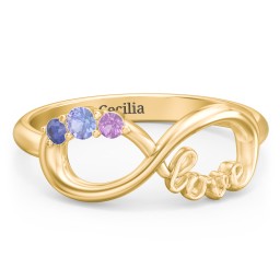 Birthstone Infinity Love Ring in 10K Solid Yellow Gold with Tanzanite, Blue Sapphire, and Amethyst