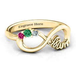 Mum's Infinite Love with Stones Ring in 10K Solid Yellow Gold with Emerald, Ruby, Cubic Zirconia, White Premium Zirconia, Aquamarine, Blue Topaz, and Blue Sapphire