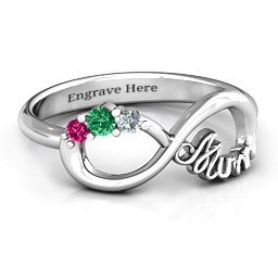 Mum's Infinite Love with Stones Ring in 925 Sterling Silver with Emerald, Ruby, Cubic Zirconia, White Premium Zirconia, Aquamarine, Blue Topaz, and Blue Sapphire