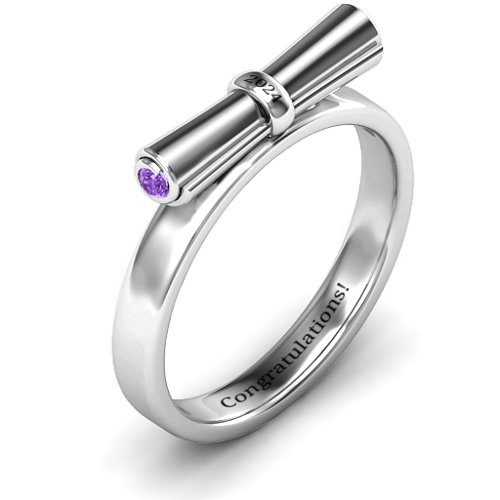 Diploma Scroll Graduation Ring – Sterling Silver with Amethyst