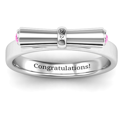 Diploma Scroll Graduation Ring – Sterling Silver with Pink Tourmaline