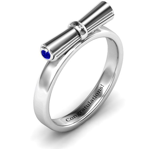 Diploma Scroll Graduation Ring – Sterling Silver with Blue Sapphire